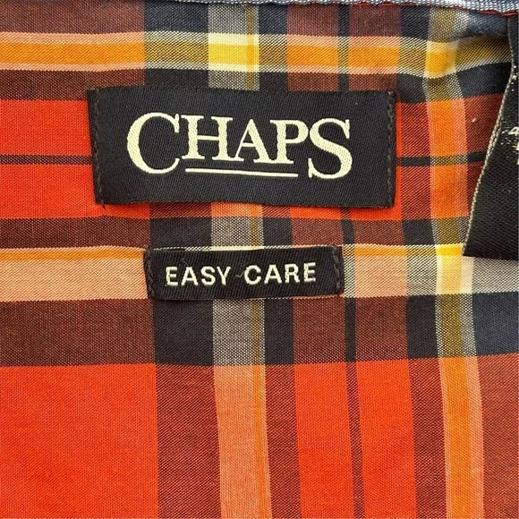 Chaps Easy Care Shirt Mens 2XL Red Orange Navy Plaid Button-Down LS - Picture 2 of 8